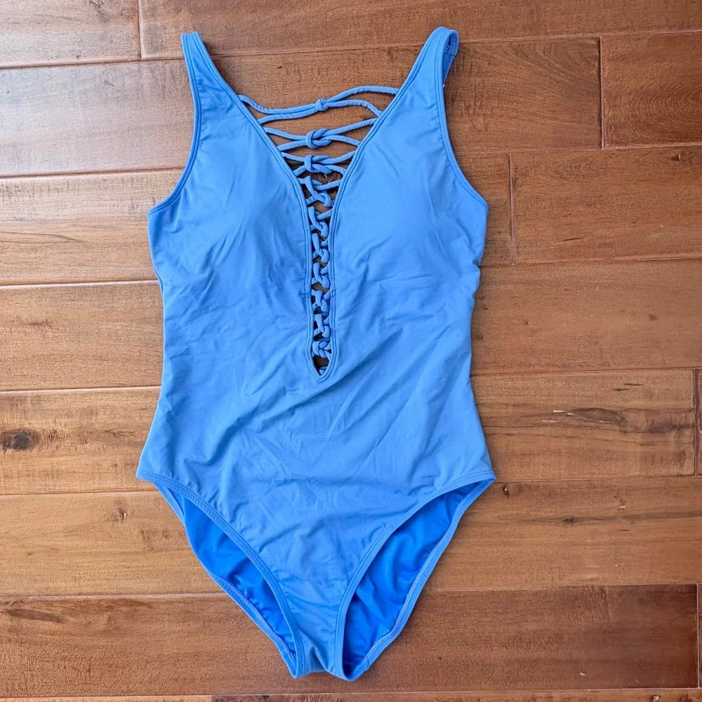 Bleu Rod Beattie Lace-Up One Piece Swimsuit Womens 10 Blue